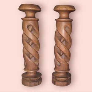 Wooden Candlesticks Candle Holders Tall Spiral Carved Solid Wood 11"